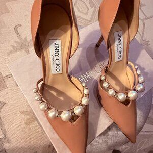 Jimmy Choo Aurelie Patent Heels with Pearl and Crystal Strap, Pointed toe.